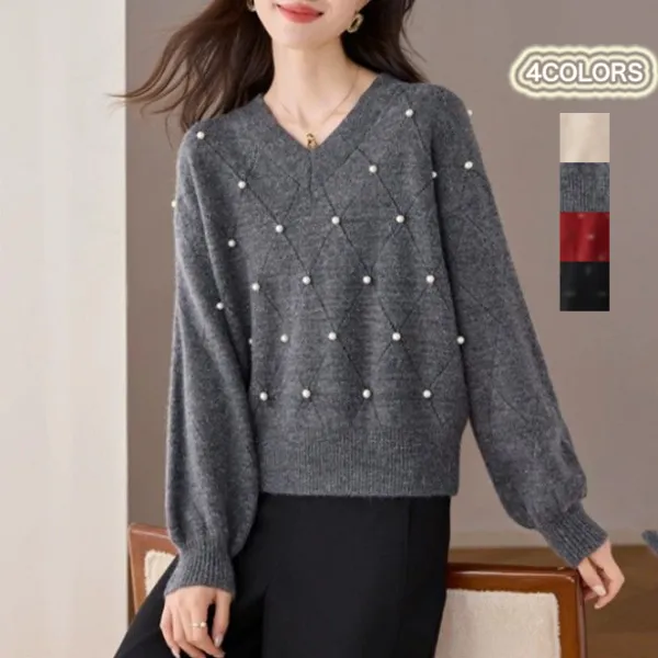 【全4色】ニットセーター長袖プルオーバービーズVネック | 今だけ超お得