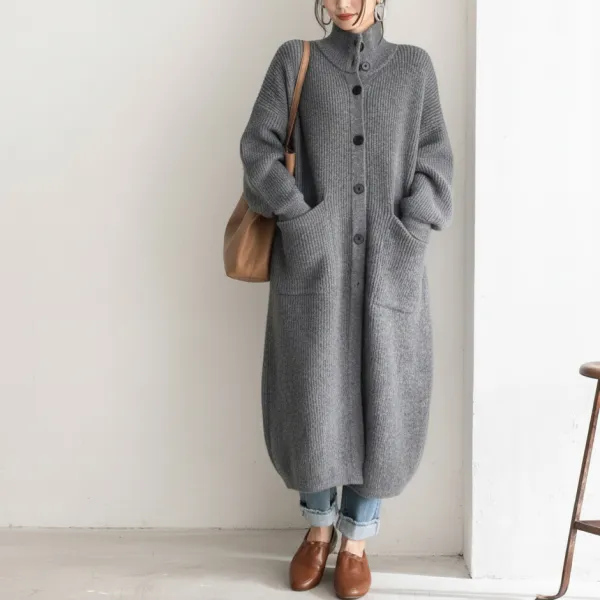 絶対欲しい 無地 ポケット付き ボタン ハイネック 長袖 カジュアル カーディガン