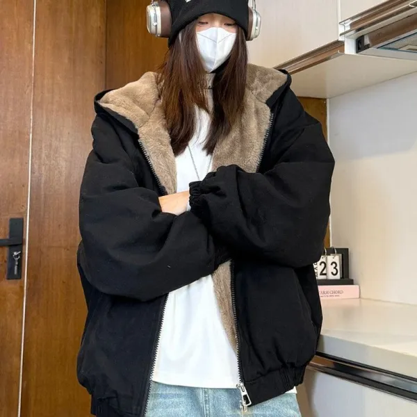 【全2色】中綿コート裏起毛ファスナーフード付き長袖フェイクファー無地｜男女兼用防寒体型カバー