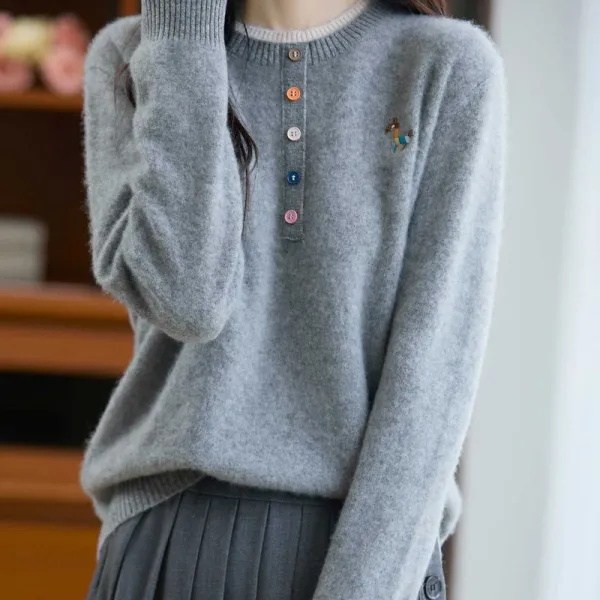 【全6色】長袖プリントラウンドネックボタン｜組み合わせ自由