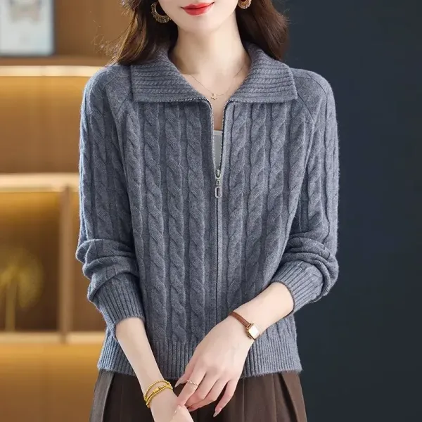 【全5色】ニットセーター折り襟長袖ファスナー | 毎日参考になる！