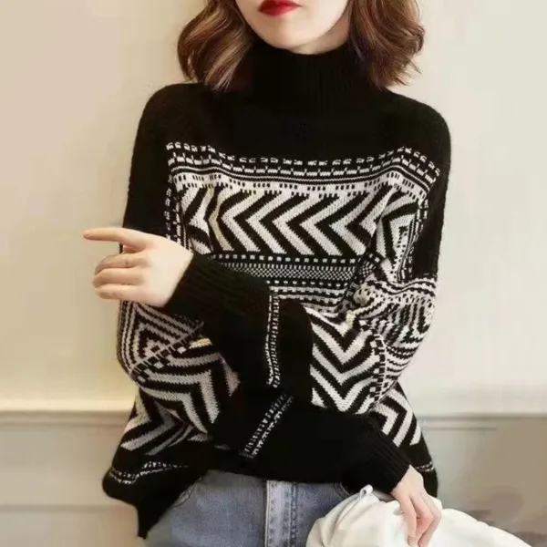 【全2色】ニットセータープリントハイネック暖かい | 上品なシルエット