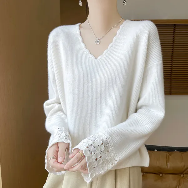 【全6色】ニットセーターVネック レース 透かし彫り プルオーバー | 欠かせない