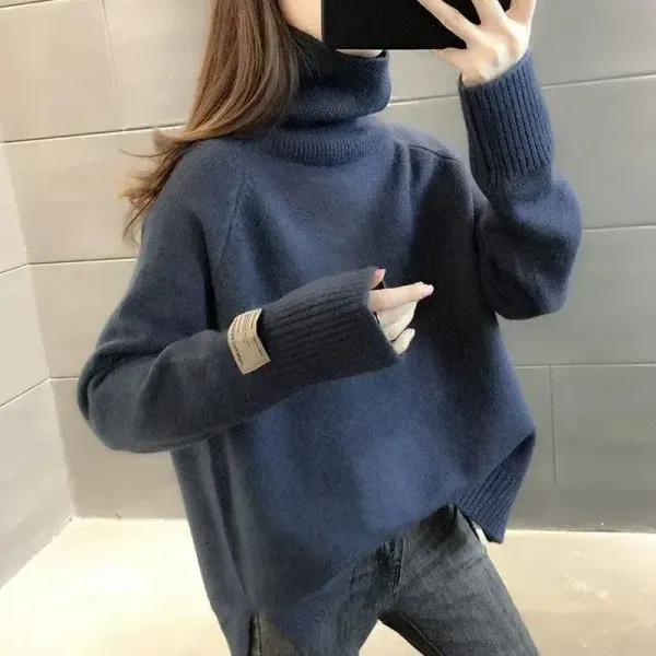 【全5色】ニットセーター長袖プルオーバー無地ハイネック | 今だけ超お得