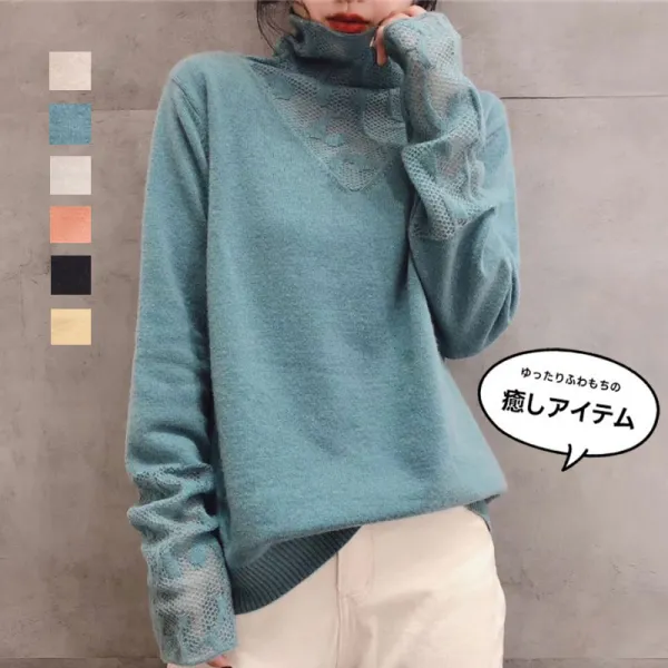 可愛くて繊細な SNSで話題沸騰 防寒 カジュアル フェミニン 透かし彫り 切り替え レース ニットセーター