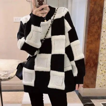 今季トレンド ラウンドネック プルオーバー 長袖 ニット チェック柄 韓国系 ニットセーター