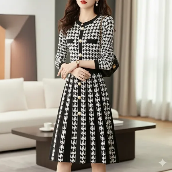 雑誌に掲載された 長袖 切り替え プリント 千鳥格子 ボタン エレガント ワンピース