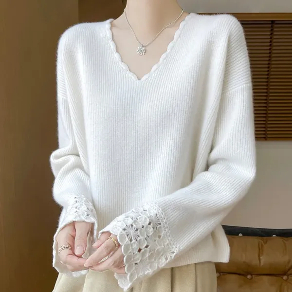 【全6色】ニットセーターVネック レース 透かし彫り プルオーバー | 欠かせない