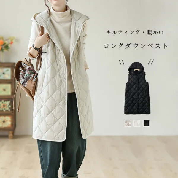 ベスト レディース ダウン 秋冬 フード付き ロングベスト 冬 軽い 暖かい 防寒 キルティングコート ロング 袖なし 大きいサイズ キルティングベスト 軽量 キルト ダウンベスト 薄手 女の子 あったか 中綿 フード付きベスト チュニック