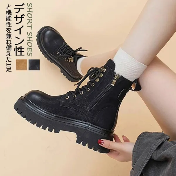 編み上げブーツ ブーツ 靴 ショートブーツ レディース ショート ブーツ 秋冬 編み上げ レースアップブーツ 合皮 レザー シューズ ショートシューズ 靴 くつ レースアップ ラウンドトゥ 厚底 ローヒール 履きやすい 疲れない PU ファスナー お洒落 美脚 レトロ ストリート