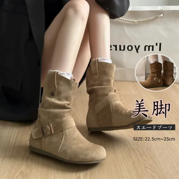 ブーツ レディース エンジニアブーツ 秋 冬 ローヒール ミドル丈 ショー地ブーツ スエード調 ブーツ カジュアル 疲れない 履きやすい 痛くない 疲れにくい 歩きやすい おしゃれ
