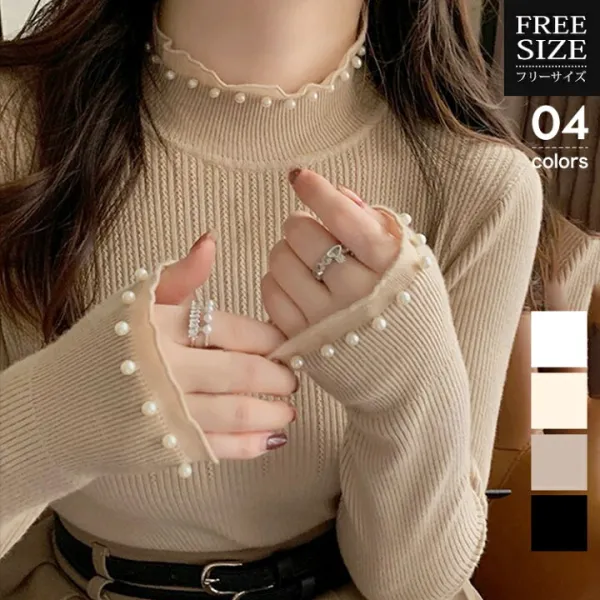 パール トップス ニット レディース 長袖 ニットトップス ニットプルオーバー パールネック パール付き パール袖 おしゃれ レディースニット ニットセーター プルオーバー ハイネックニット ニット・セーター 長袖ニット 春 秋 冬 パール付きトップス 送料無料