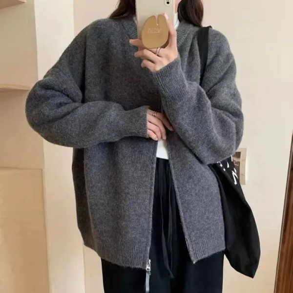 見逃し厳禁 無地 長袖 ジッパー ニット ラウンドネック シンプル カーディガン
