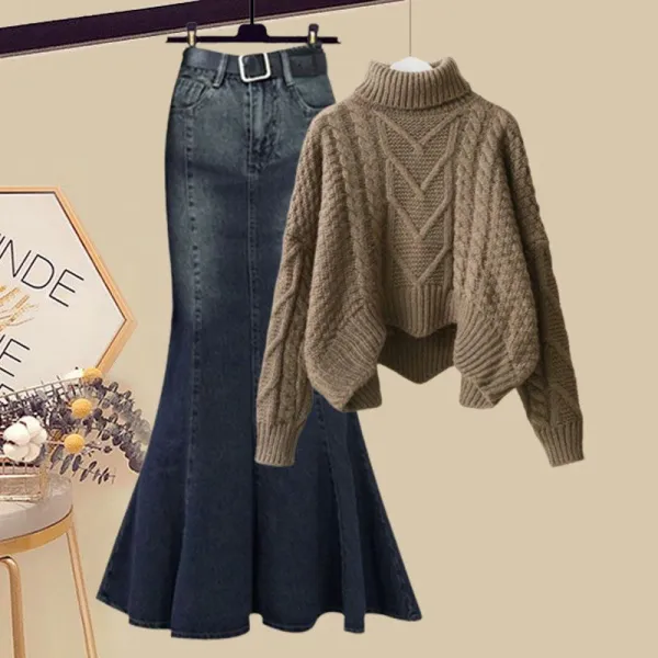 プラスサイズ スーツ スリム フレンチ タートルネック 気質 セーター + フィッシュテール スカート 2点セット