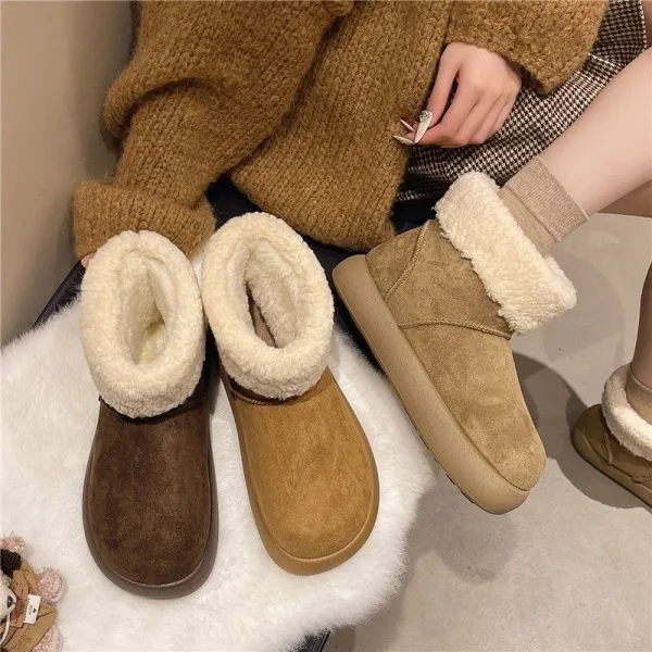 レトロ カジュアル 裏起毛 厚底 丸トゥブーツ