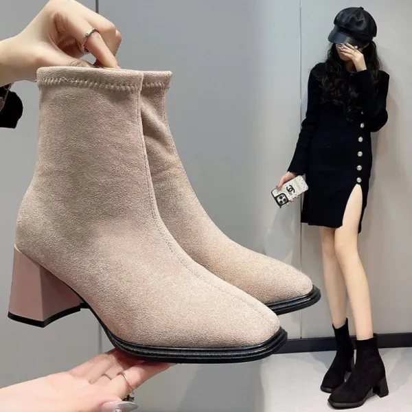 早い者勝ちです!  スエード スクエアトゥ チャンキーヒール ファッション デート ショート丈ブーツ