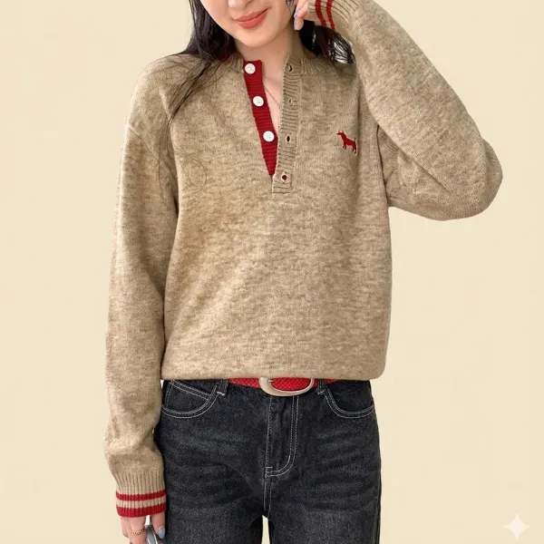 【全3色】ニット刺繡混色ボタンプールオーバー