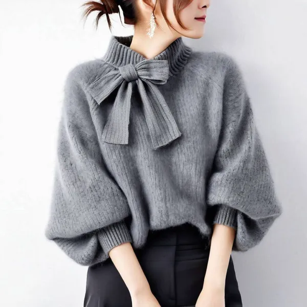 ニットセーターランタンスリーブ長袖スタンドネックリボン無地｜おしゃれ度高め