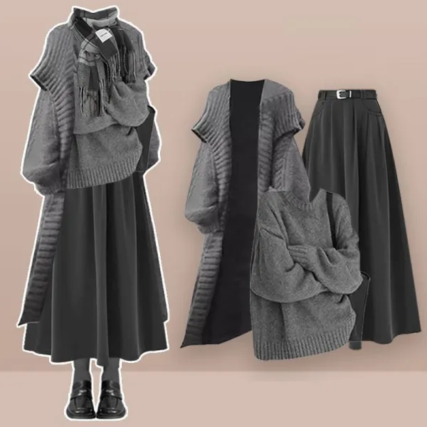 ファッション感満々着痩せ効果 平日 無地 カーディガン+ニット+スカート 三点セット