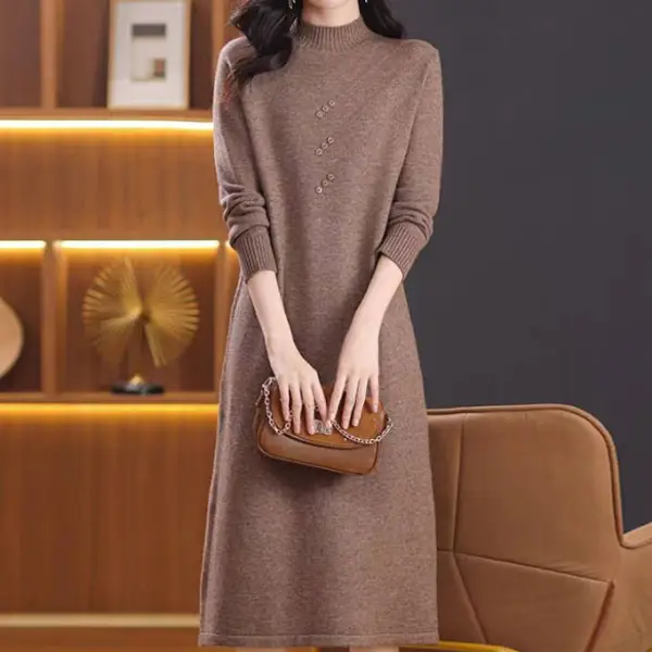 【全4色】ニットワンピースボタンハーフネック長袖｜女っぽさが漂う