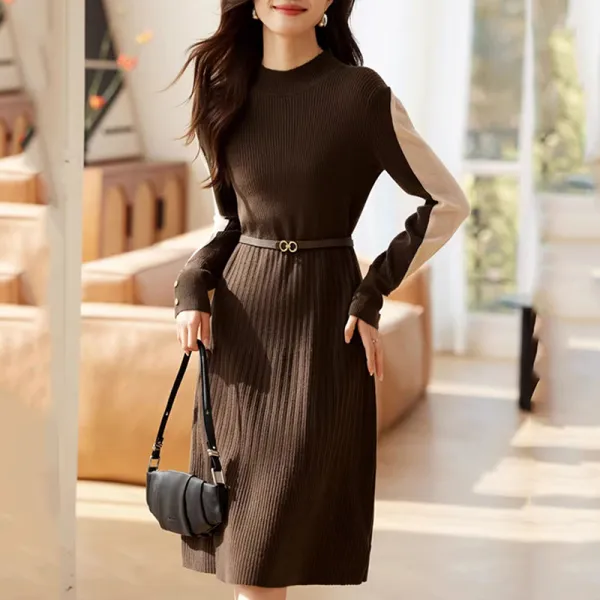 ニットワンピースプリーツ配色ハーフネック長袖 | お流行り