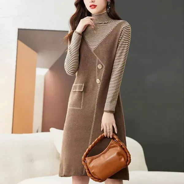 【全4色】ニットワンピースレイヤードエレガントハイネック｜通勤着痩せ