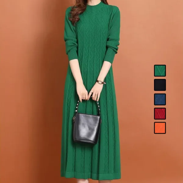 人気集中アイテム ファッション 長袖 無地 ハーフネック プリント Aライン ニットワンピース ブラック 黑 ブルー 青 レッド グリーン