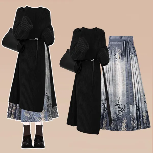【単品注文】セットアップ No.1 人気商品 スリット プリント 長袖 プリーツ 無地 トップス+スカート 2点セット