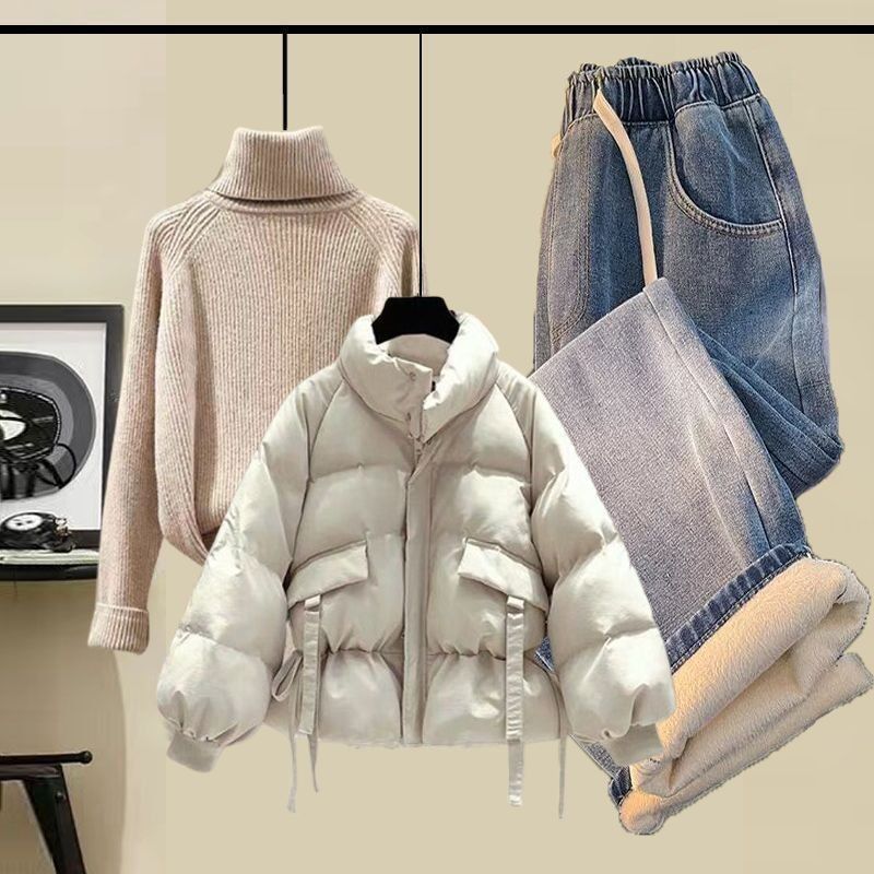 【3点セット】アプリコット中綿コート+カーキセーター+ブルーデニムパンツ