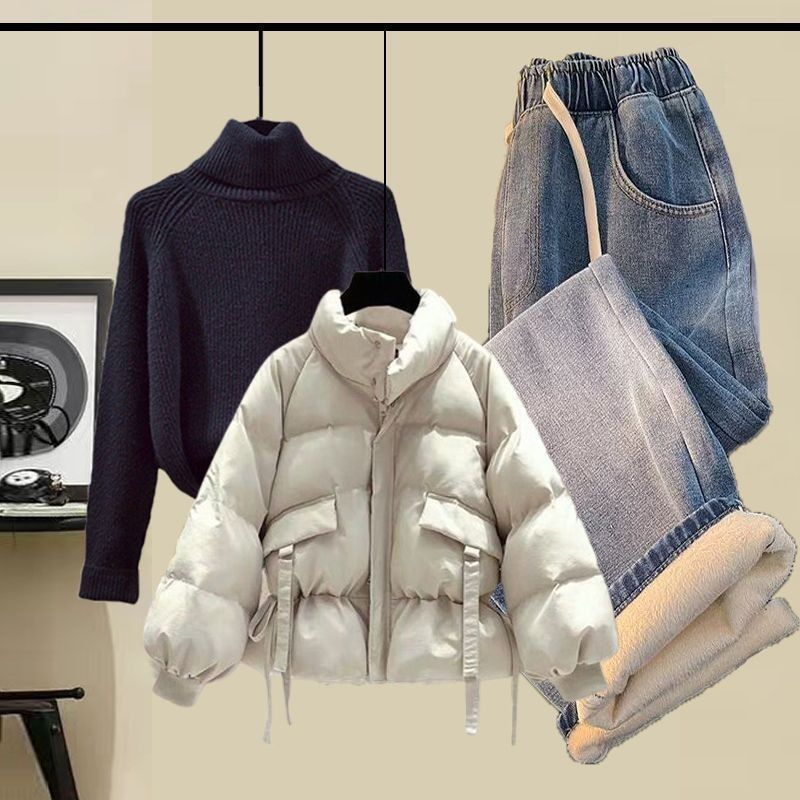 【3点セット】アプリコットコート+ブラックセーター+ブルーデニムパンツ【3点セッ