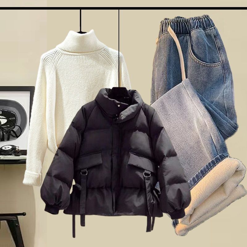 【3点セット】ブラックコート+ホワイトセーター+ブルーデニムパンツ【3点セット】