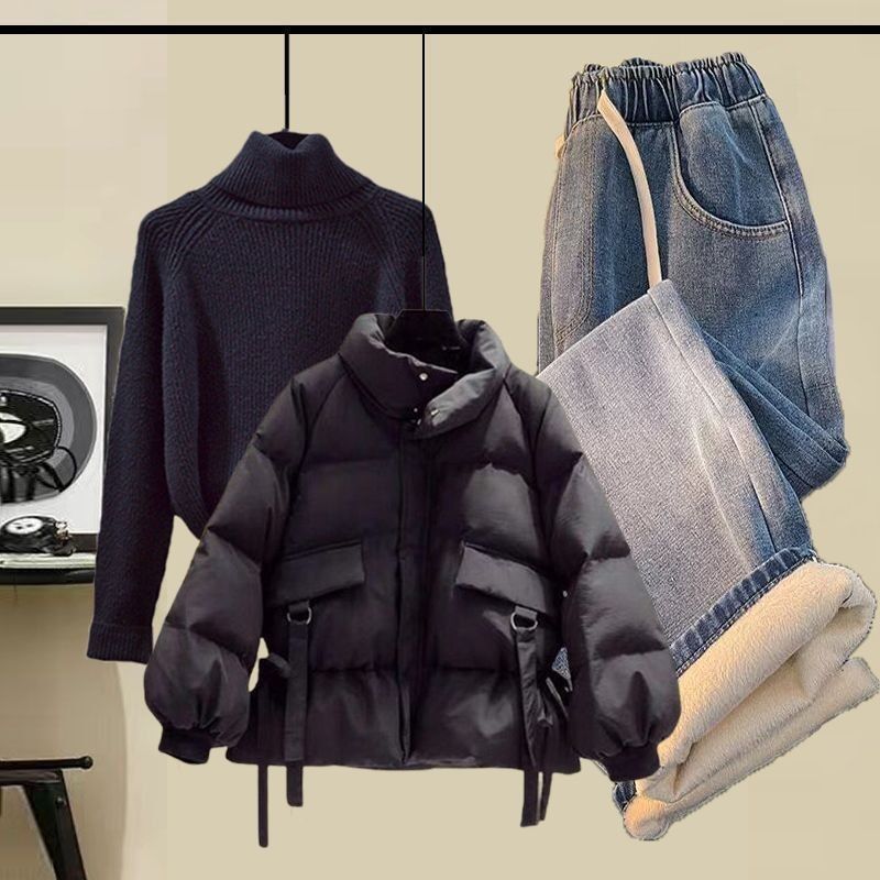 【3点セット】ブラックコート+ブラックセーター+ブルーデニムパンツ【3点セット】