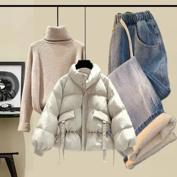 単品可3点セット｜無地ハイネックニットセーター＋中綿コート+デニムパンツ｜ゆったり通勤防寒