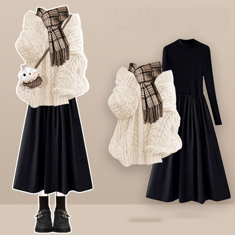 【2点セット】ニットセーター + ブラックワンピース