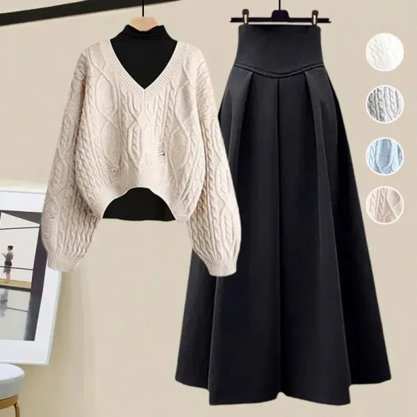 単品可2点セット｜長袖Vネック無地Ｔシャツ＋ニットセーター+スカート｜防寒