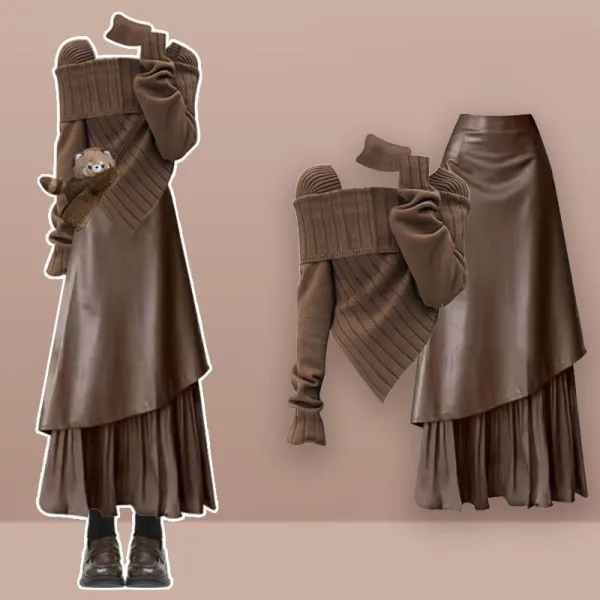 単品可2点セット｜無地ニットセーター＋切り替えスカート｜快適ゆったり防寒通勤
