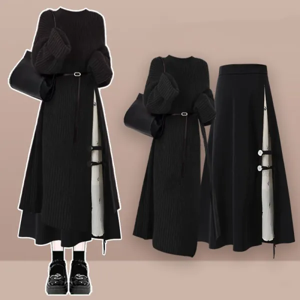 絶対欲しい エレガント 長袖 無地 切り替え ニット＋スカート 二点セット ブラック 黑 レッド