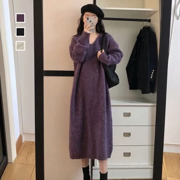 【全3色】カジュアルワンピース長袖無地AラインVネック｜柔らかくて優しい印象