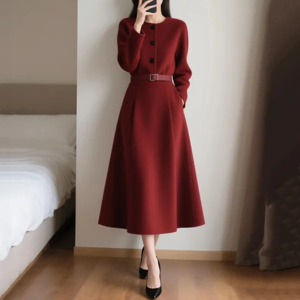 ワンピース無地長袖ボタンAライン｜通勤着痩せ