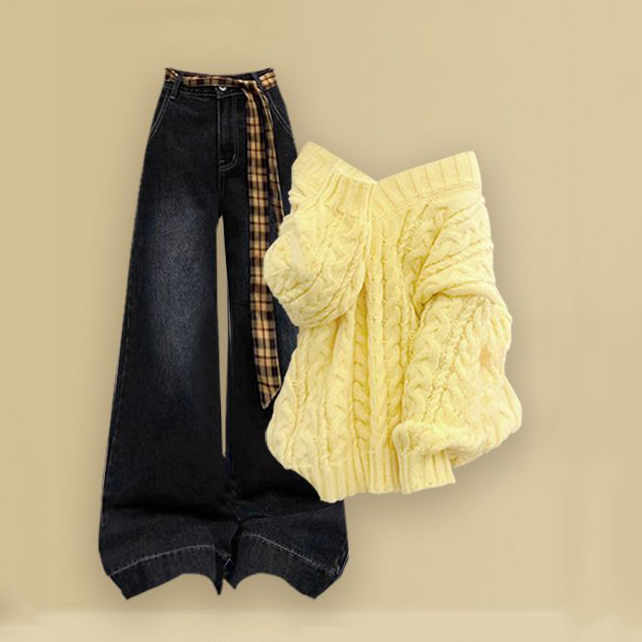 【2点セット】イエローセーター + ジーンズ