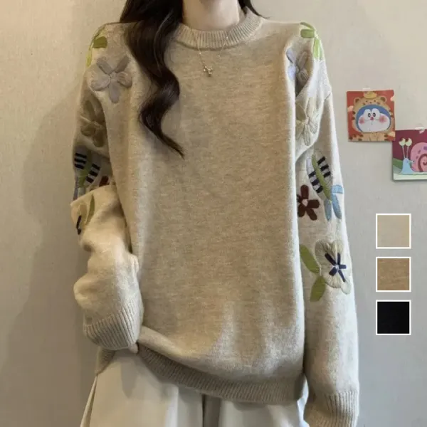 【全3色】ニットセーターラウンドネックプリント刺繍長袖｜個性的なデザイン