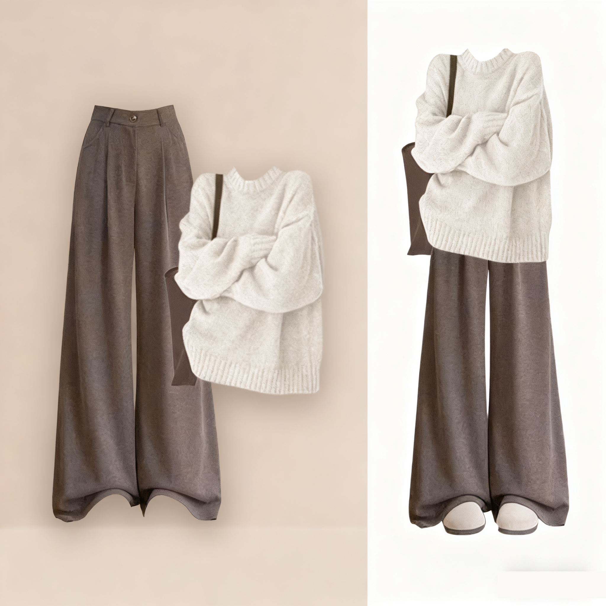 【2点セット】ニットセーター + ワイドパンツ