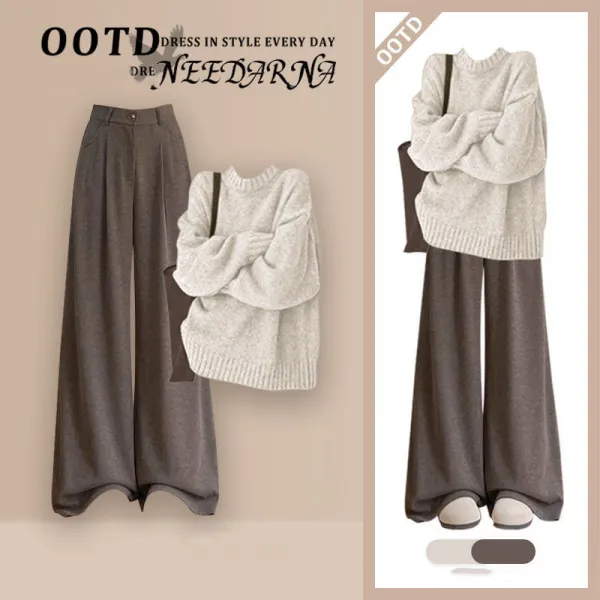 単品可2点セット｜無地ラウンドネックニットセーター＋カジュアルパンツ｜快適ゆったり防寒通勤