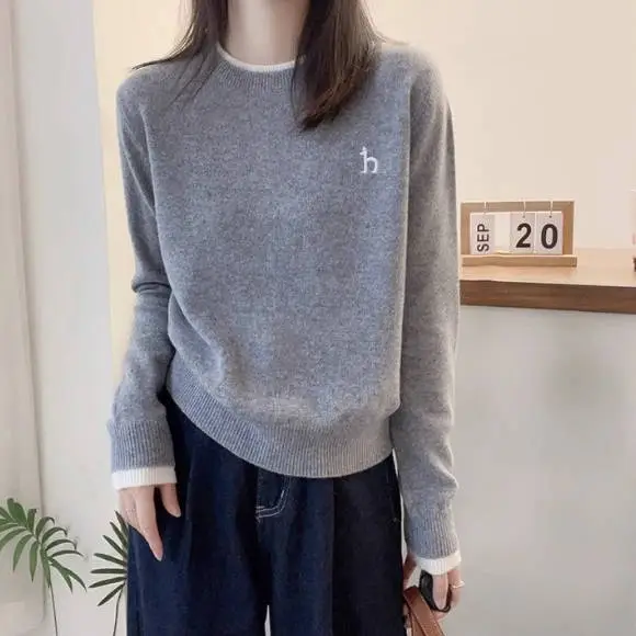 組み合わせ自由 アルファベット 長袖 シンプル カジュアル ラウンドネック 刺繍 ニットセーター