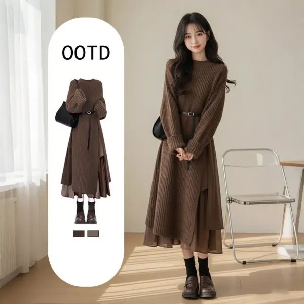 【単品注文】セットアップ 早い者勝ちです! ベルト 切り替え Aライン 無地 長袖 フェミニン トップス+スカート