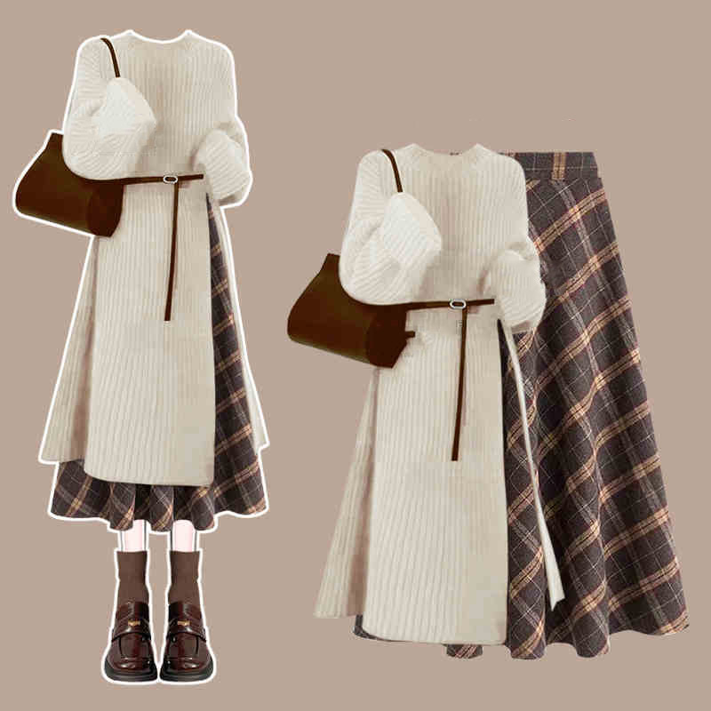 アプリコット/セーター＋コーヒー/スカート