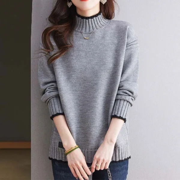 存在感抜群 長袖 無地 ハーフネック 切り替え 中長 カジュアル ニットセーター