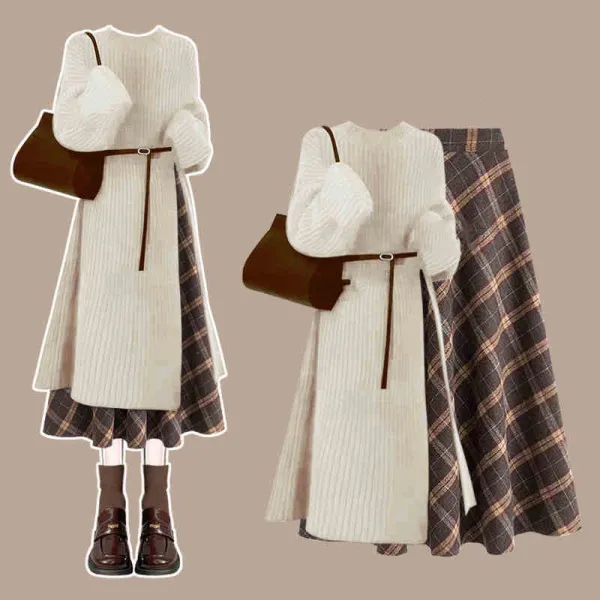 【単品注文】大人可愛い スリット チェック柄 Aライン 長袖 ベルト付き シンプル トップス+スカート 2点セットアップ
