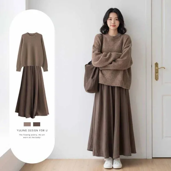【単品注文】 Aライン 2点セット ラウンドネック 長袖 無地 カジュアル トップス+スカート 2点セットアップ