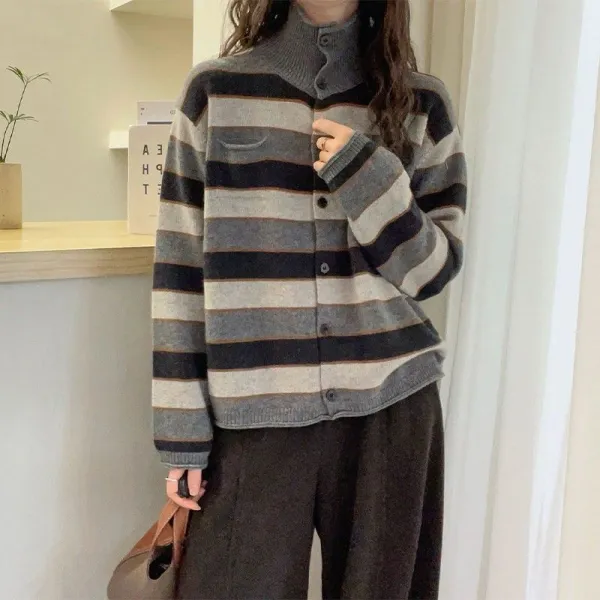 新作10%OFF大人可愛いハイネックシングルブレストボーダー長袖ボタンカジュアルニットセーター